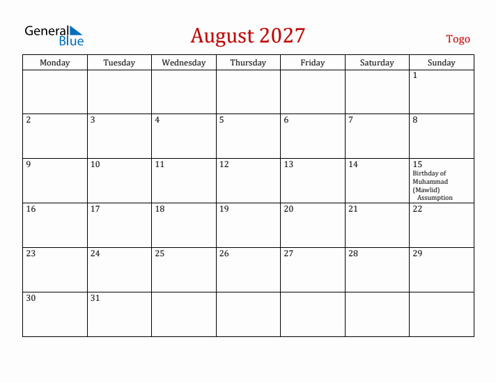 Togo August 2027 Calendar - Monday Start