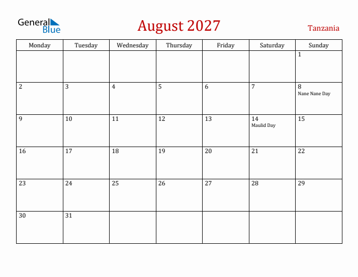 Tanzania August 2027 Calendar - Monday Start