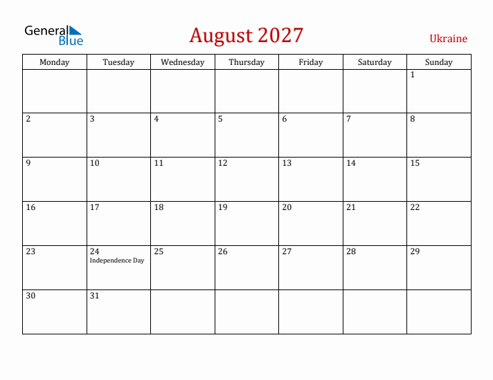 Ukraine August 2027 Calendar - Monday Start