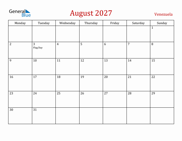 Venezuela August 2027 Calendar - Monday Start