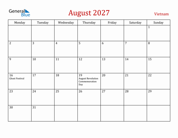 Vietnam August 2027 Calendar - Monday Start