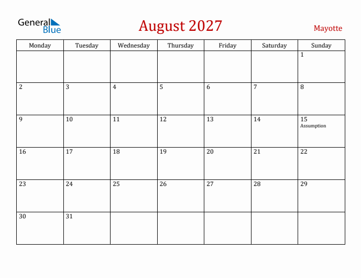 Mayotte August 2027 Calendar - Monday Start