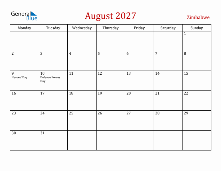 Zimbabwe August 2027 Calendar - Monday Start