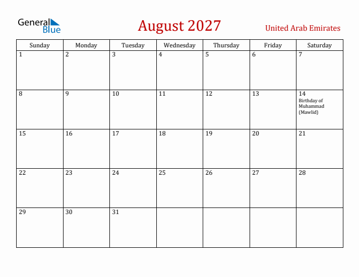 United Arab Emirates August 2027 Calendar - Sunday Start