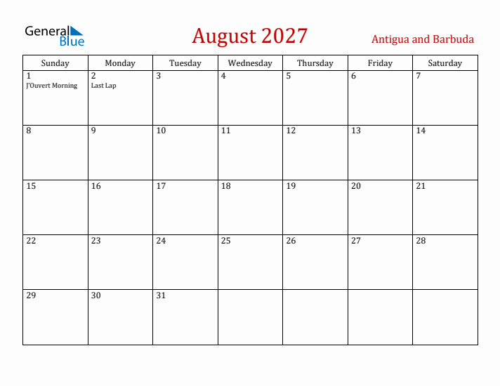 Antigua and Barbuda August 2027 Calendar - Sunday Start