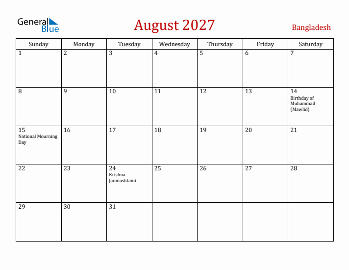 Bangladesh August 2027 Calendar - Sunday Start