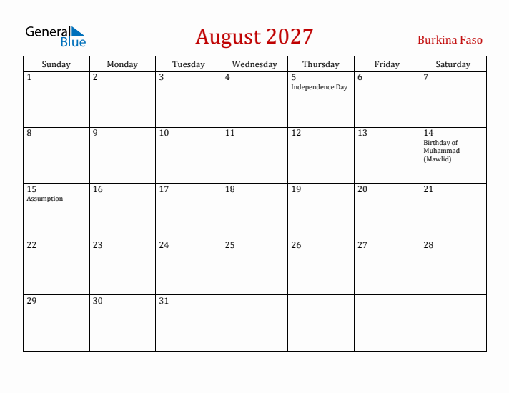 Burkina Faso August 2027 Calendar - Sunday Start