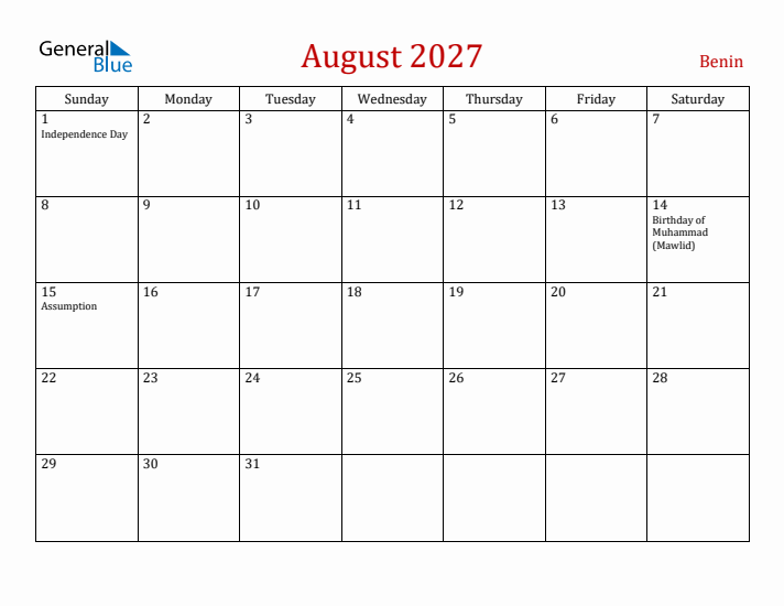 Benin August 2027 Calendar - Sunday Start