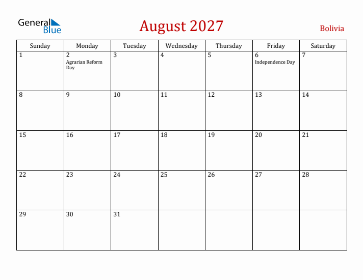 Bolivia August 2027 Calendar - Sunday Start