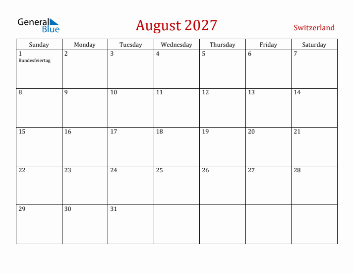 Switzerland August 2027 Calendar - Sunday Start