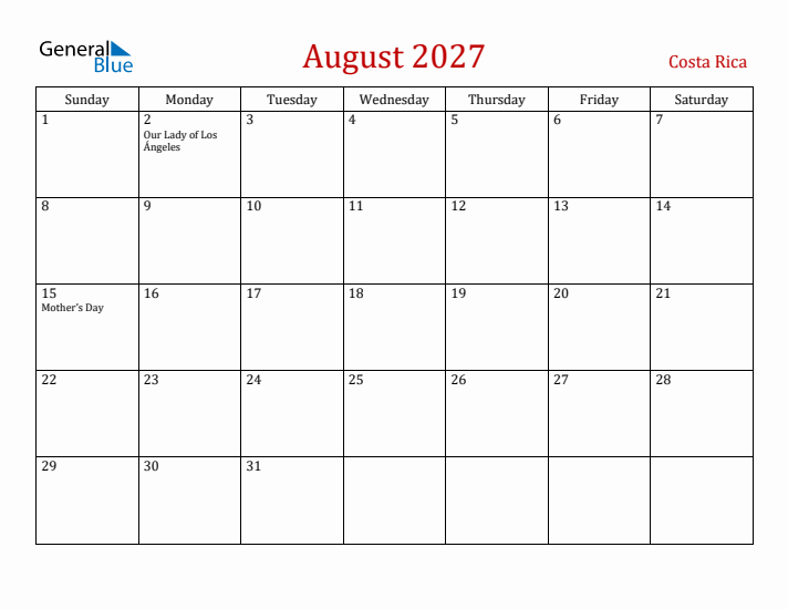 Costa Rica August 2027 Calendar - Sunday Start