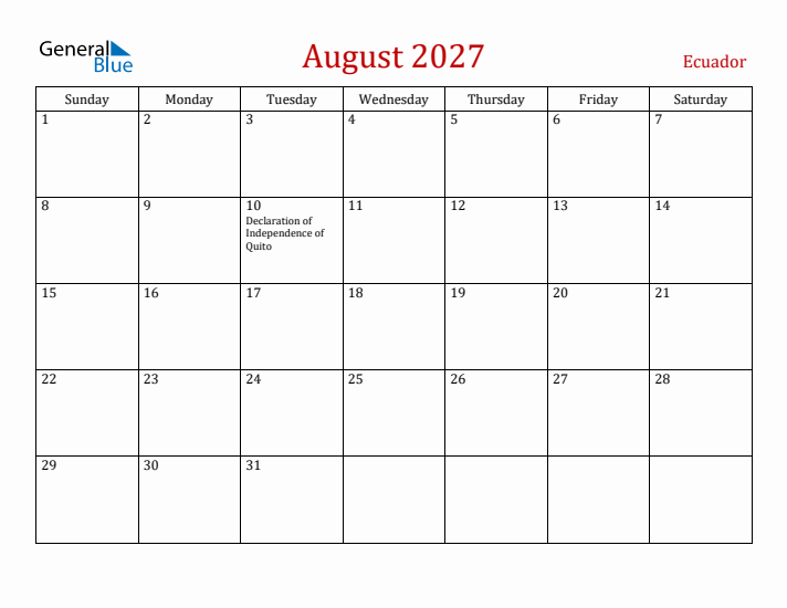 Ecuador August 2027 Calendar - Sunday Start