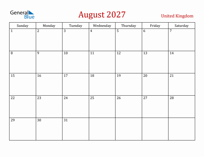 United Kingdom August 2027 Calendar - Sunday Start
