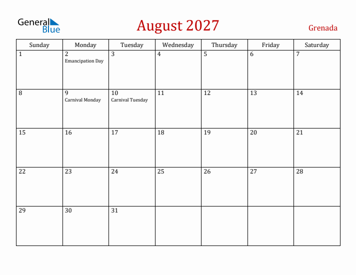 Grenada August 2027 Calendar - Sunday Start