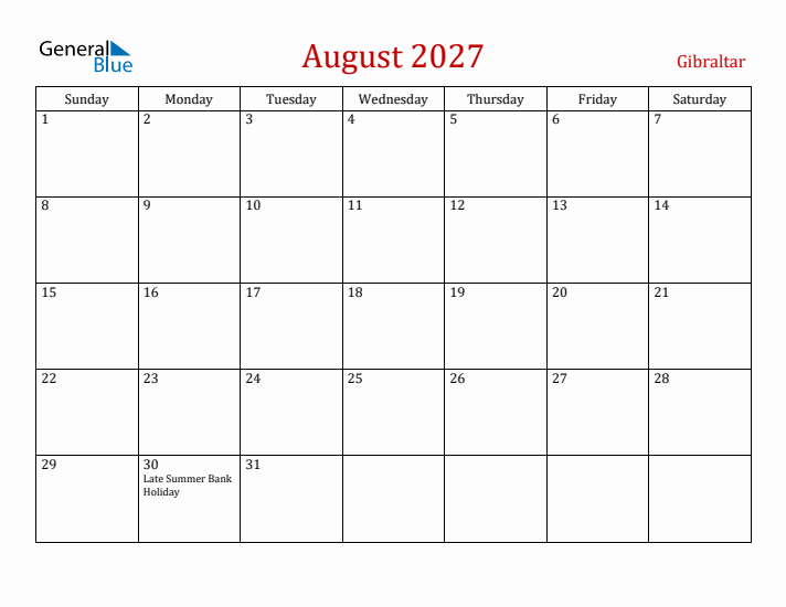 Gibraltar August 2027 Calendar - Sunday Start