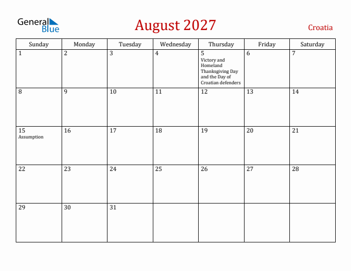 Croatia August 2027 Calendar - Sunday Start