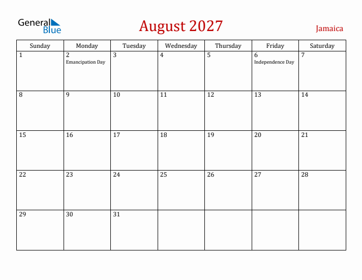 Jamaica August 2027 Calendar - Sunday Start