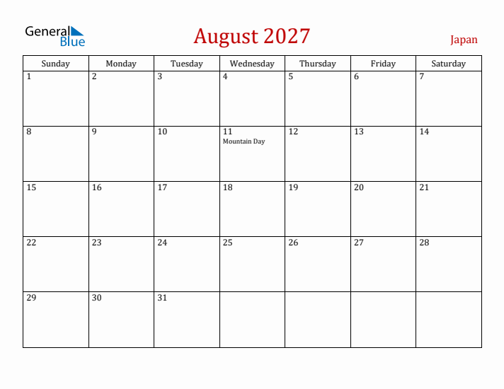 Japan August 2027 Calendar - Sunday Start