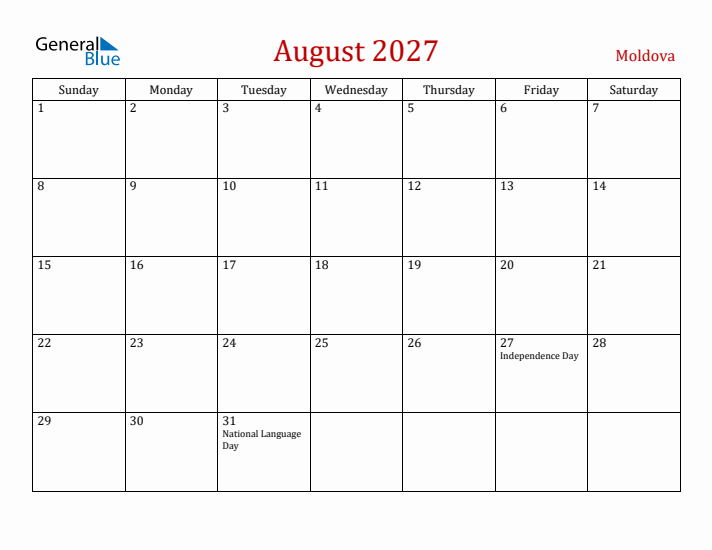 Moldova August 2027 Calendar - Sunday Start