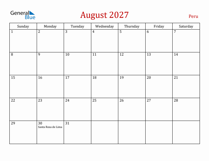 Peru August 2027 Calendar - Sunday Start