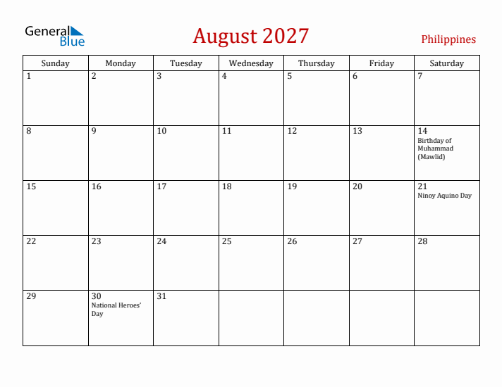 Philippines August 2027 Calendar - Sunday Start