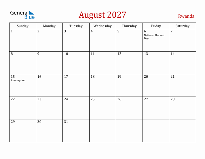 Rwanda August 2027 Calendar - Sunday Start