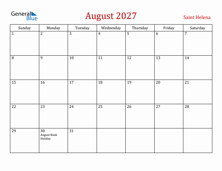 Saint Helena August 2027 Calendar - Sunday Start