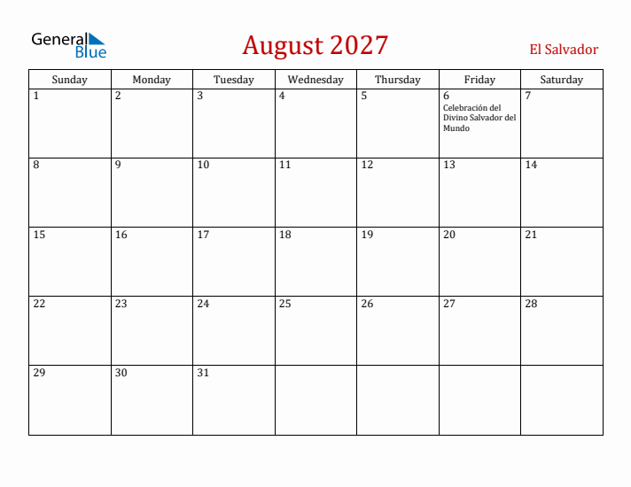 El Salvador August 2027 Calendar - Sunday Start