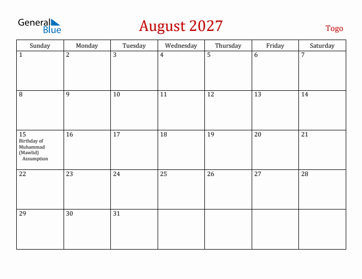 Togo August 2027 Calendar - Sunday Start