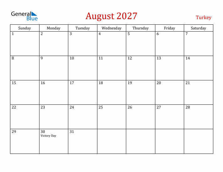 Turkey August 2027 Calendar - Sunday Start
