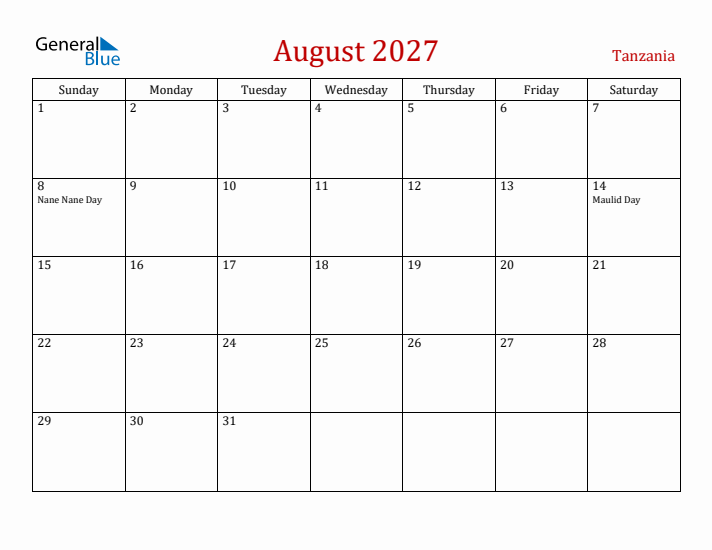 Tanzania August 2027 Calendar - Sunday Start
