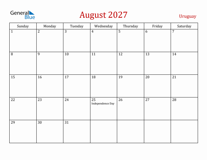 Uruguay August 2027 Calendar - Sunday Start