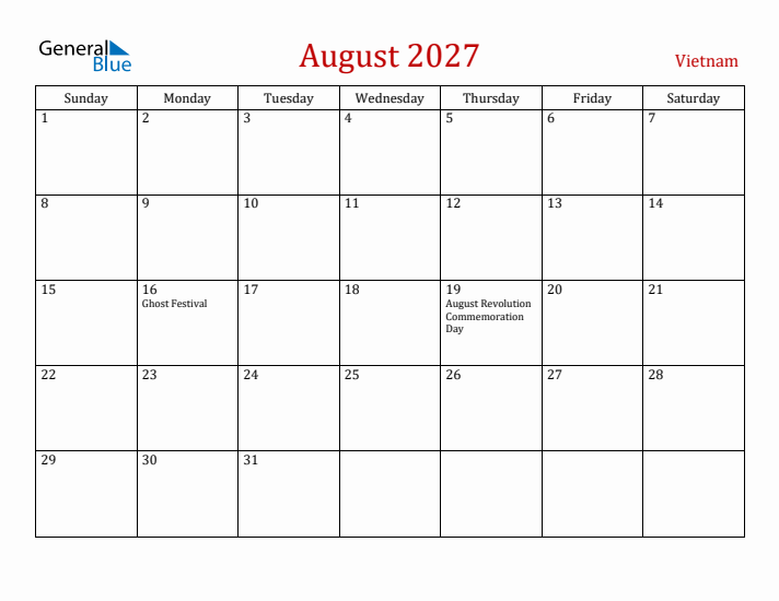 Vietnam August 2027 Calendar - Sunday Start