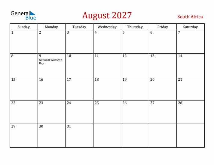 South Africa August 2027 Calendar - Sunday Start