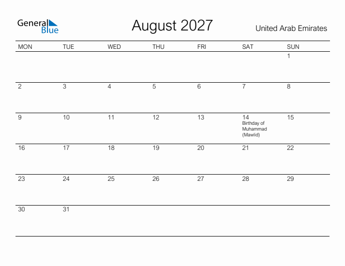 Printable August 2027 Calendar for United Arab Emirates