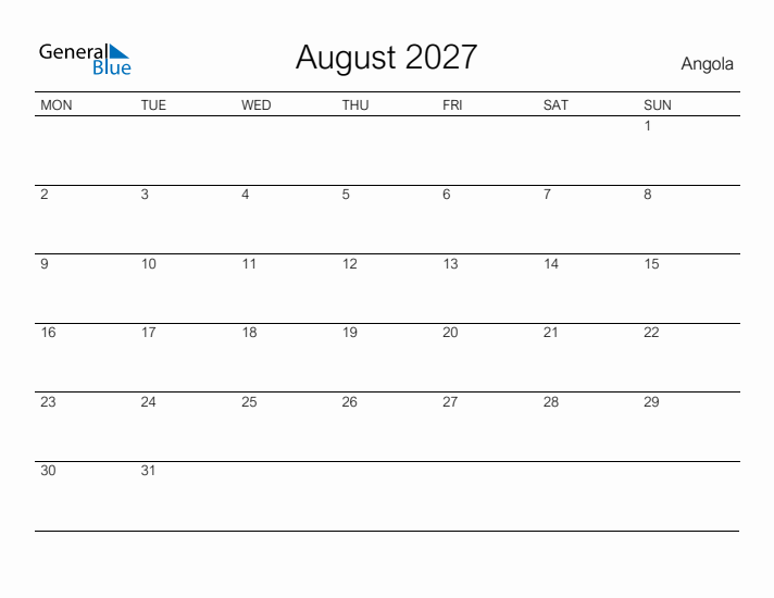 Printable August 2027 Calendar for Angola