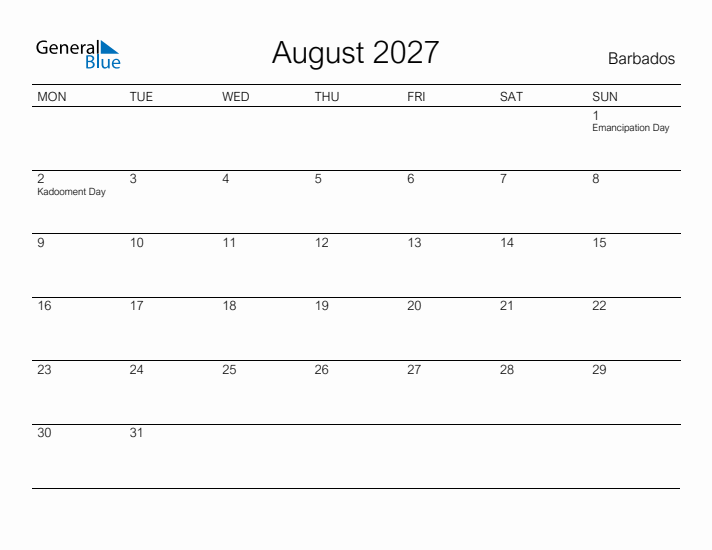 Printable August 2027 Calendar for Barbados