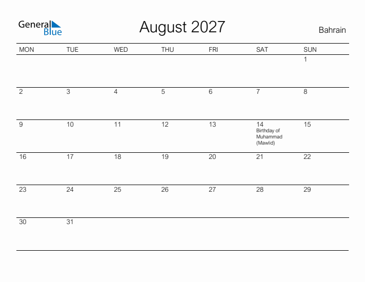 Printable August 2027 Calendar for Bahrain