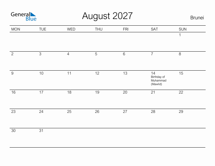 Printable August 2027 Calendar for Brunei