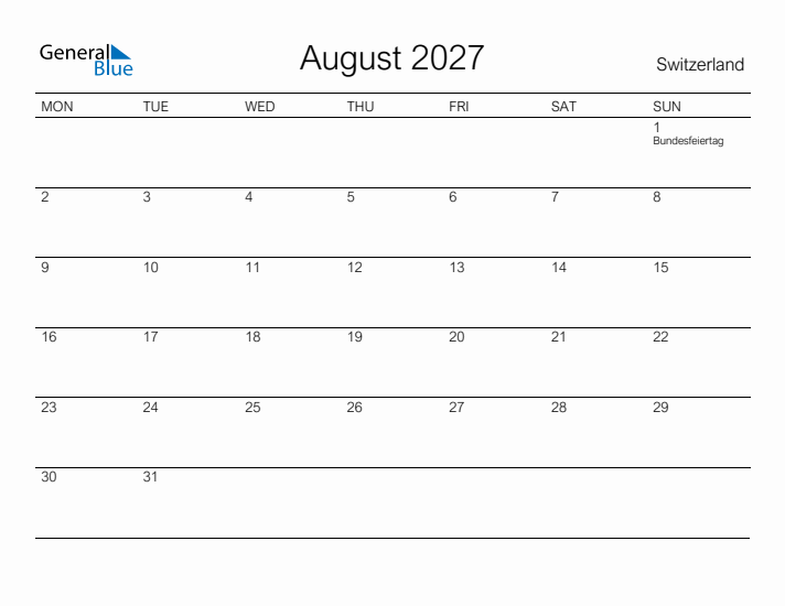 Printable August 2027 Calendar for Switzerland