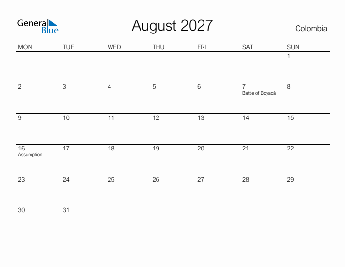 Printable August 2027 Calendar for Colombia
