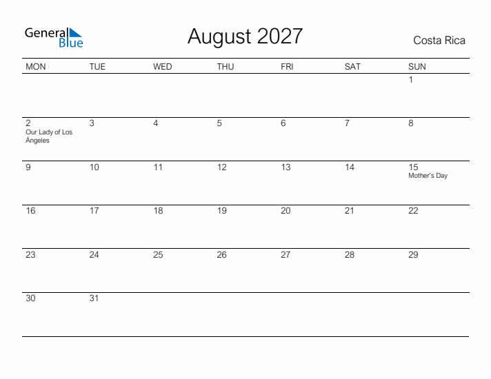 Printable August 2027 Calendar for Costa Rica