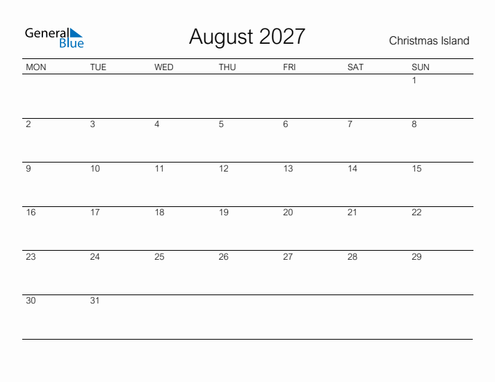 Printable August 2027 Calendar for Christmas Island