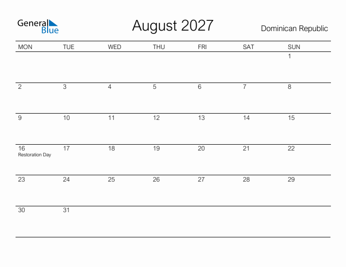 Printable August 2027 Calendar for Dominican Republic