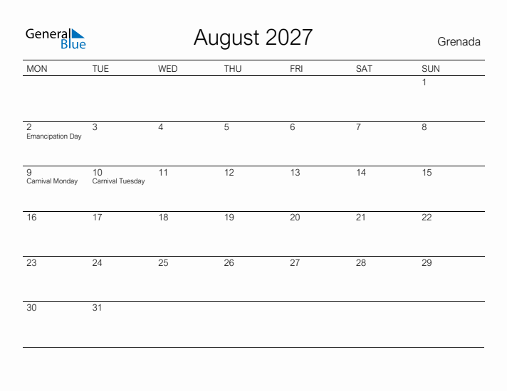 Printable August 2027 Calendar for Grenada