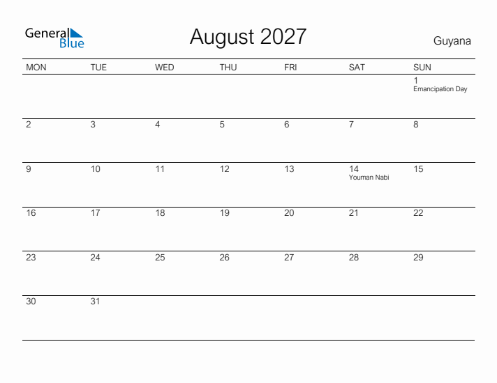Printable August 2027 Calendar for Guyana