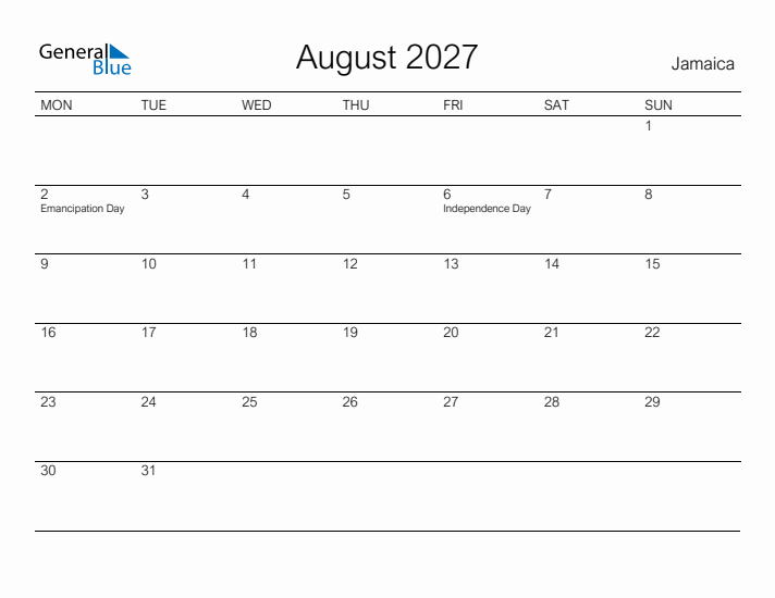 Printable August 2027 Calendar for Jamaica