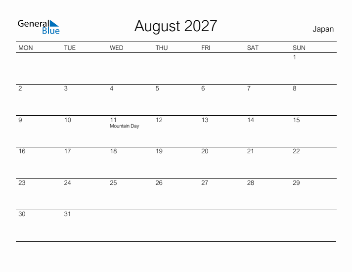 Printable August 2027 Calendar for Japan