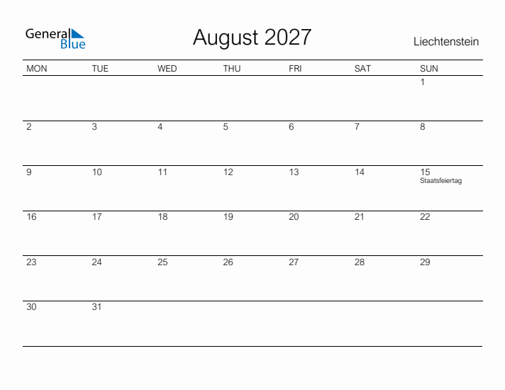 Printable August 2027 Calendar for Liechtenstein