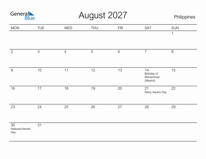 Printable August 2027 Calendar for Philippines